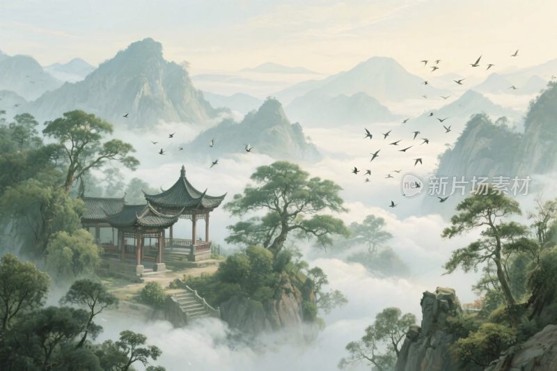 古韵山水风景插画