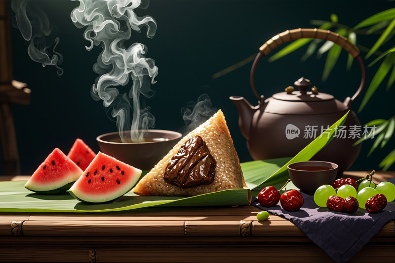 端午节粽子茶壶竹叶水果古风创意摄影