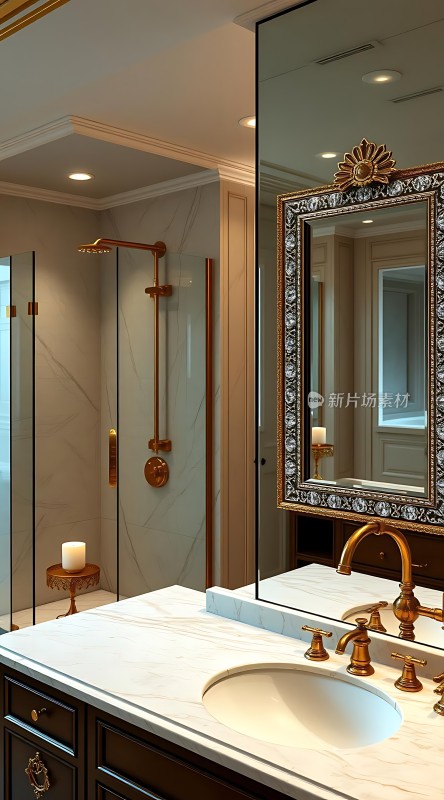 金色卫浴大理石台面奢华浴室设计