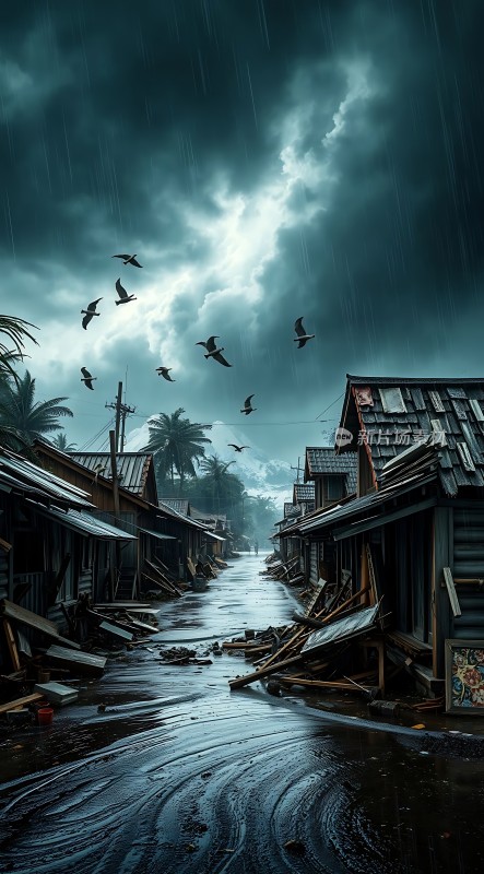 雨夜废墟飞翔的鸟儿与破碎的世界