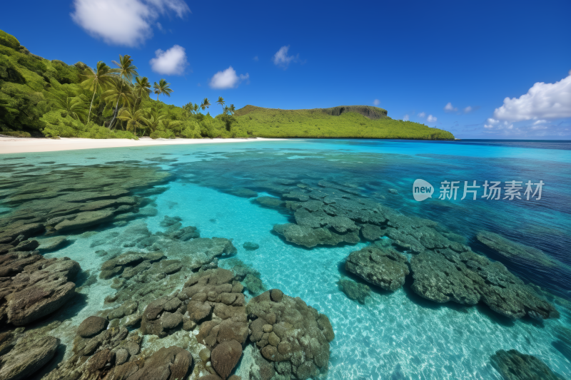 海滩景色那里有清澈蓝色海水和一座山风景