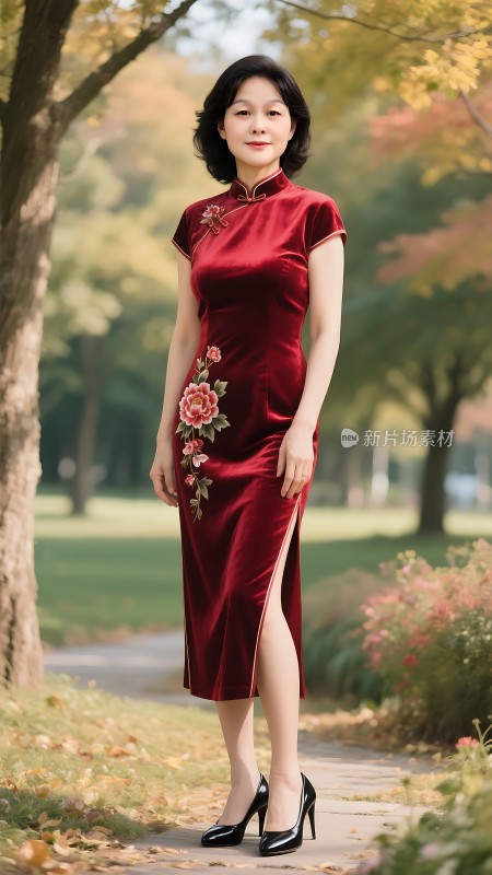 秋日红裙佳人优雅漫步林间小道