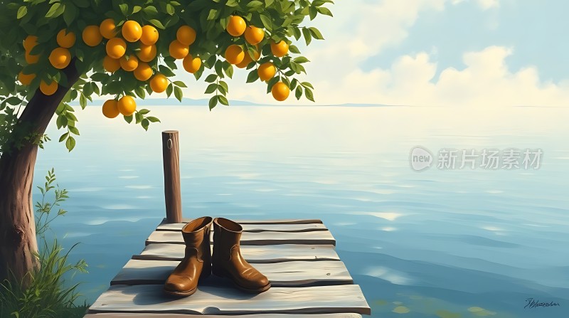 橙树下的木桩旁一双皮靴静静地躺在码头上仿佛在诉说着一个关于宁静与回忆的故事
