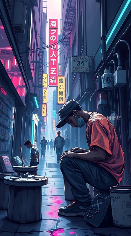 霓虹下的街头艺人在等待灵感降临