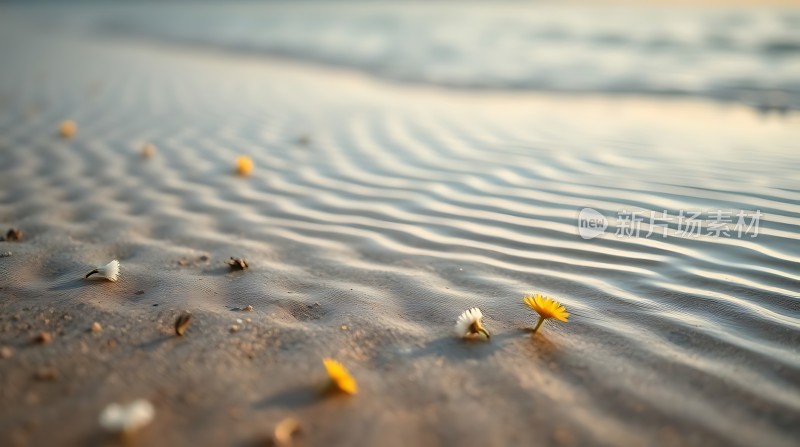 沙滩上的小花与海浪