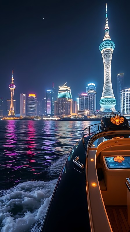 夜幕下的摩天大楼与游艇