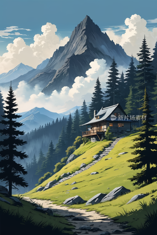 山间小屋的高山清风景插图片