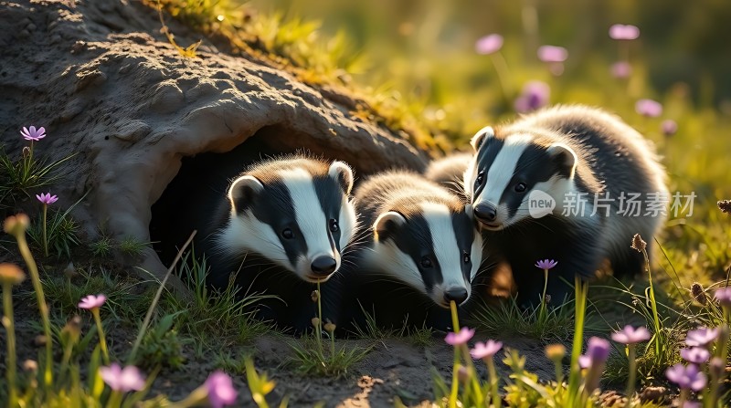 三只小獾在花丛中探出头