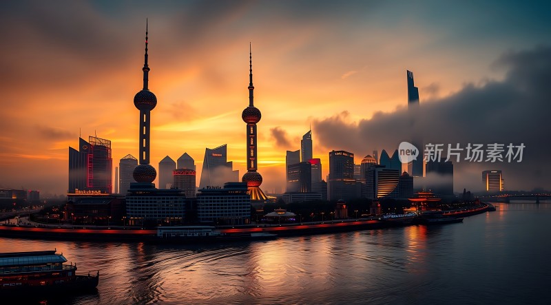 东方明珠日落时分的璀璨上海天际线