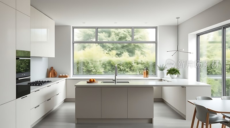 现代简约厨房自然光线充足白色橱柜搭配灰色地板中央岛台设计实用美观