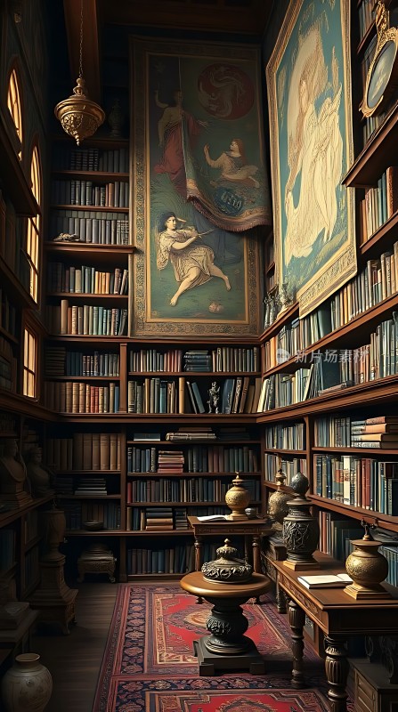 古色古香的书房书架、地毯和壁画