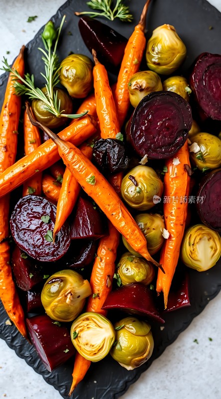 烤胡萝卜、甜菜和芽甘蓝拼盘