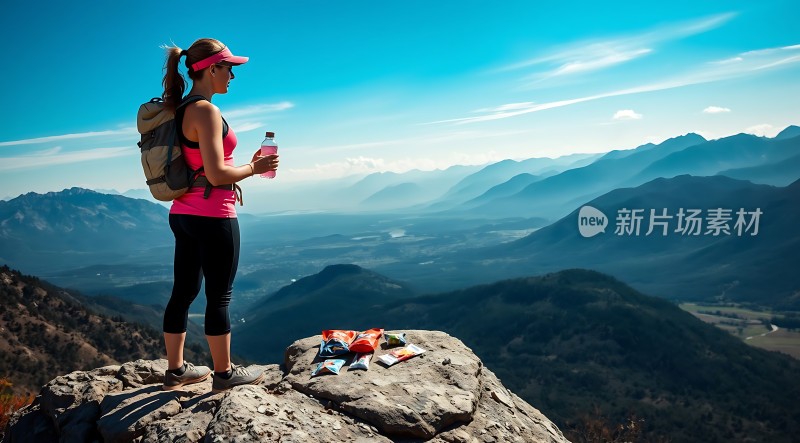 徒步旅行者站在山顶享受美景