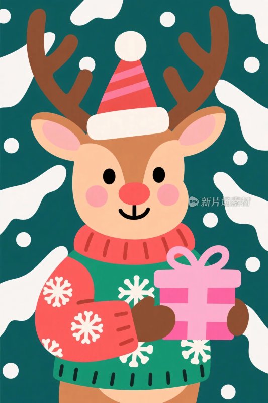 圣诞驯鹿持礼物插画
