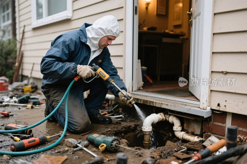 工人户外进行管道维修作业