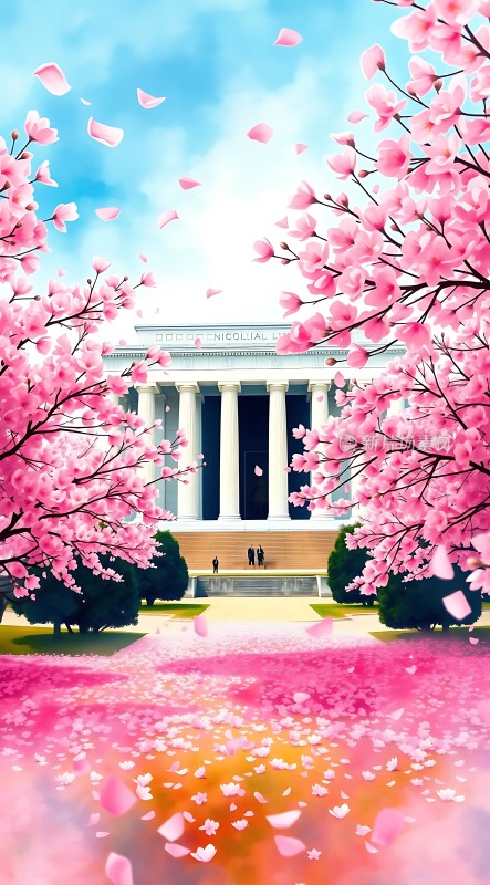 樱花飘落下的白色建筑