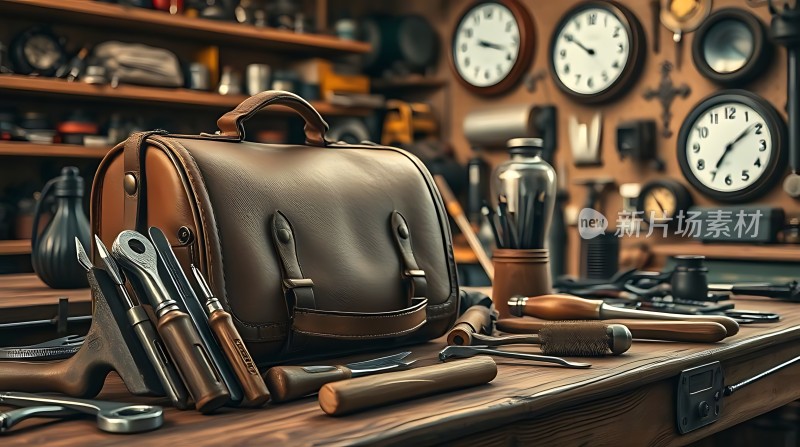 皮革工具包与工作台上的各种工具和钟表背景相映成趣