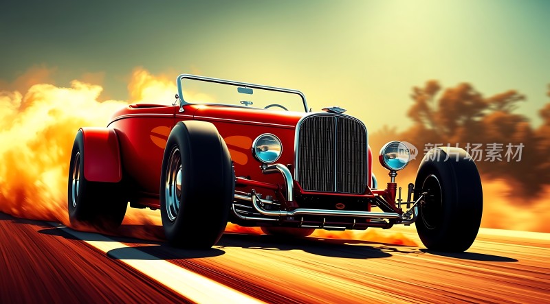 红色跑车疾驰而过扬起尘土飞扬