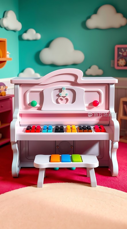 彩色钢琴与梦幻云朵背景的结合
