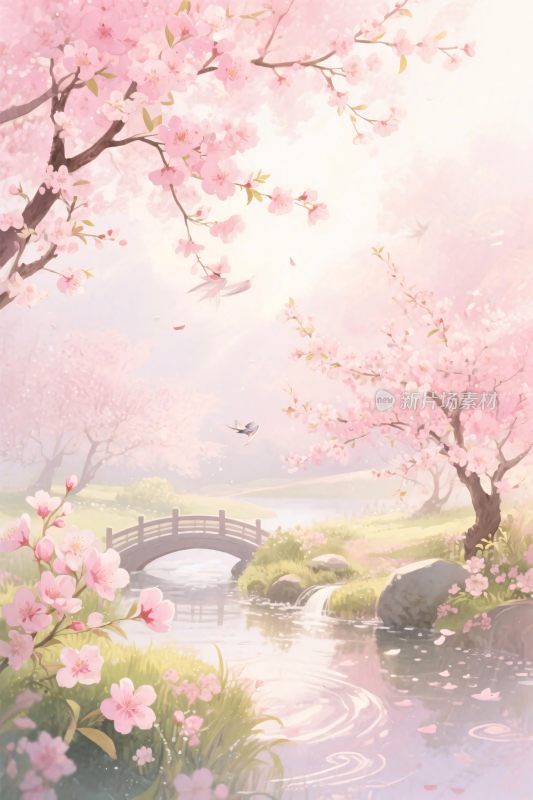 春日樱花溪流小桥