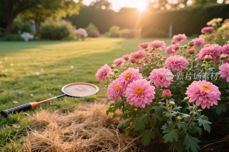 花园粉色花丛与园艺工具