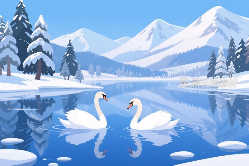 冬季湖景天鹅插画
