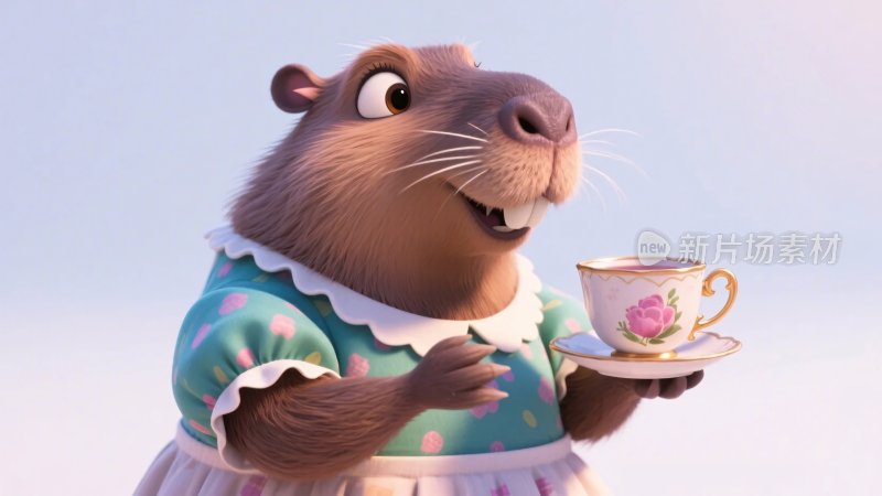 拟人化动物拿茶杯插画