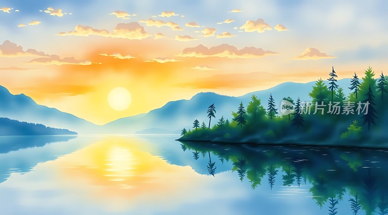 湖畔晨曦映山川