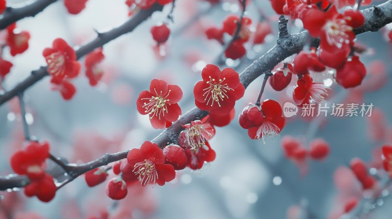 冬天树枝花朵冬季雪景飘雪寒梅