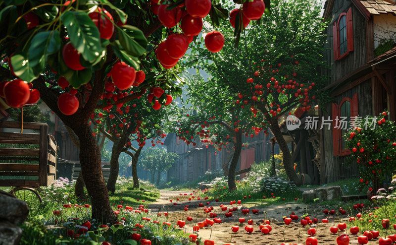 收获季节里阳光洒满的樱桃园里成熟的樱桃