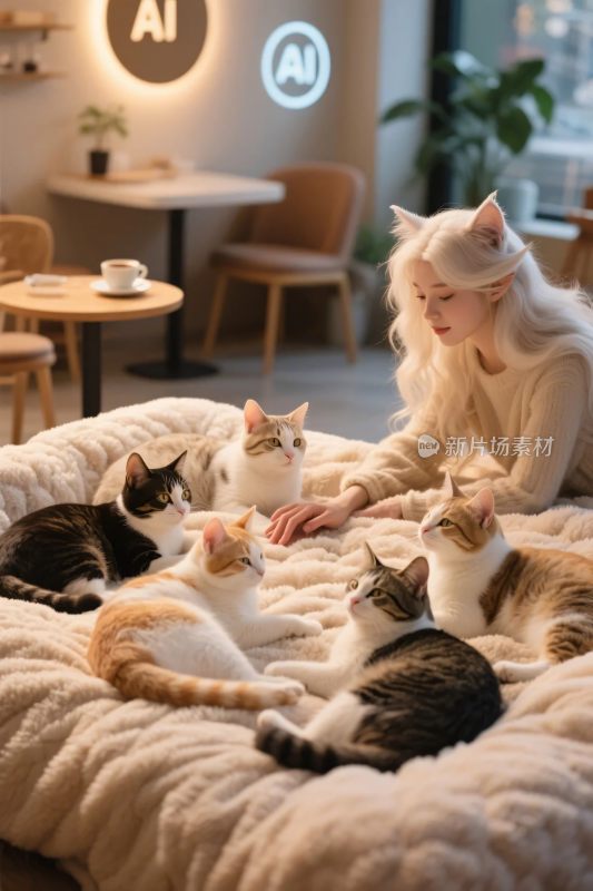 猫咪与女孩温馨互动场景
