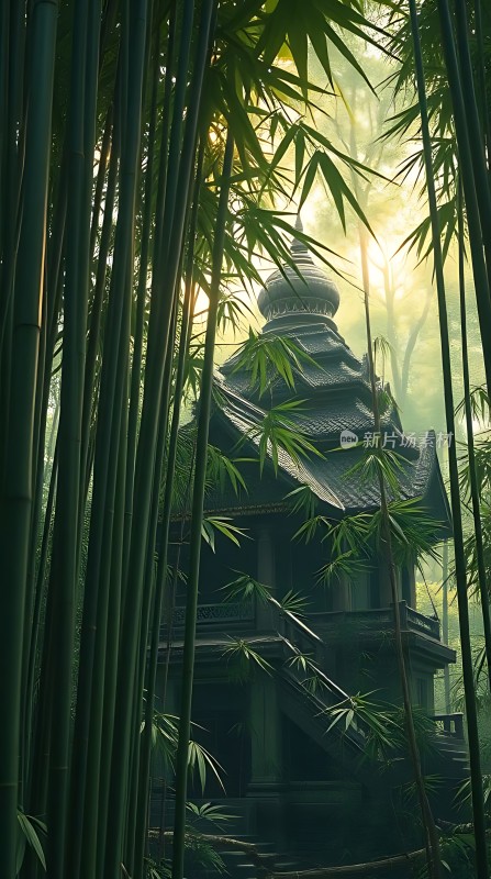 竹影斑驳古寺静立