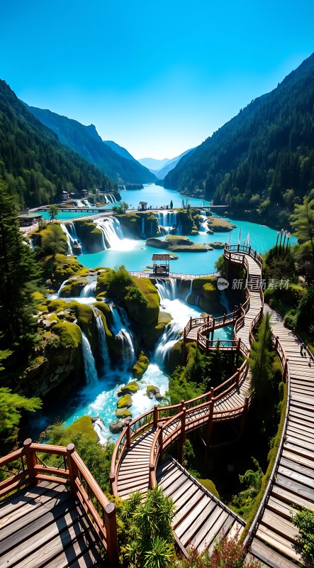 九寨沟瀑布奇观木栈道穿行其中碧波荡漾绿意盎然
