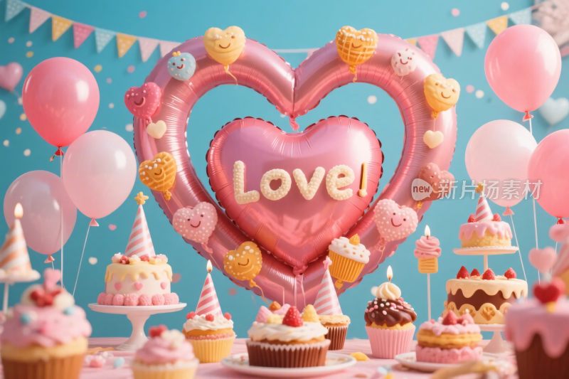 爱心气球与甜点场景