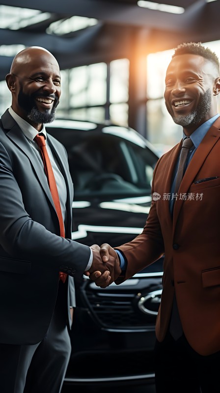 商务男士握手合作背景为汽车展厅