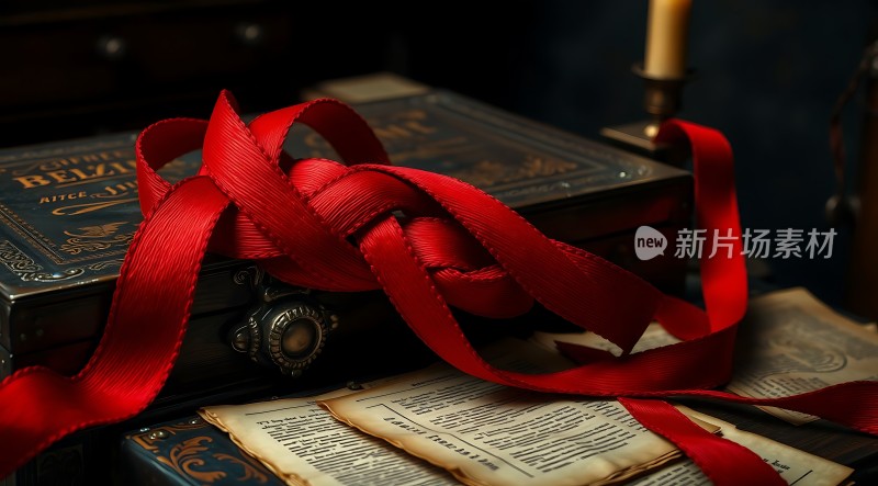 红色丝带与古旧书籍的结合