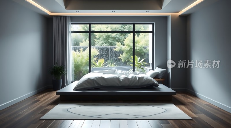 现代简约卧室大窗绿意盎然舒适宁静