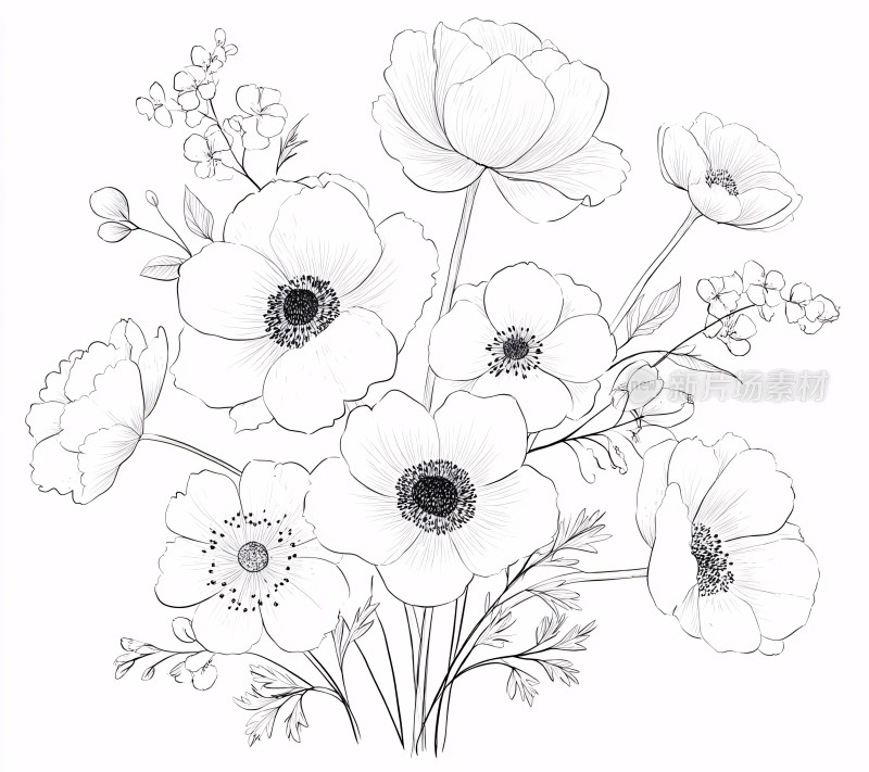 黑白线条绘制的花卉插画