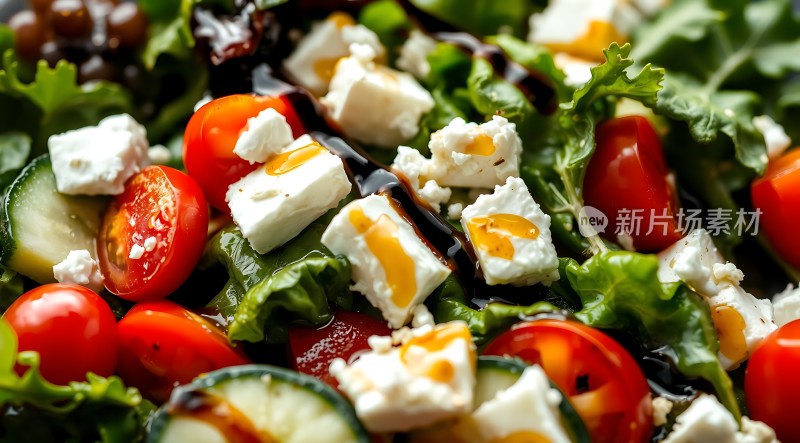 新鲜蔬菜沙拉搭配奶酪和番茄色彩鲜艳营养丰富