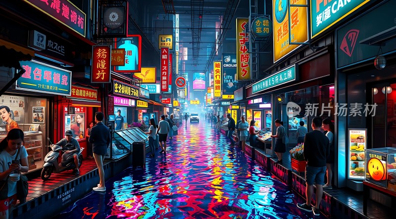 霓虹灯下的繁华夜市