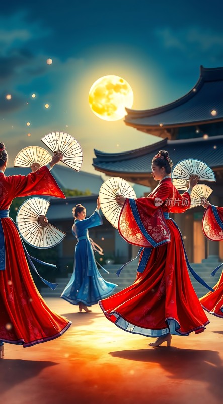 汉服舞者月下翩翩起舞