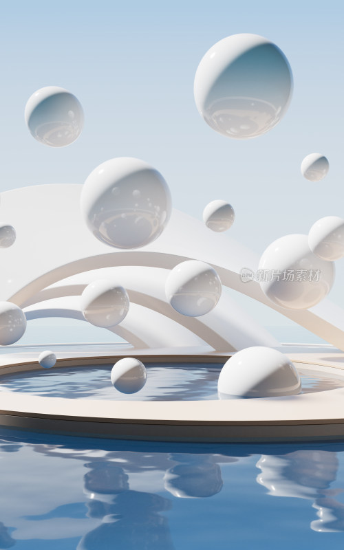水面与飘浮的球体3D渲染