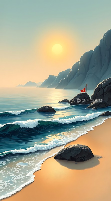 阳光海岸海浪轻拍沙滩山峦起伏红旗飘扬