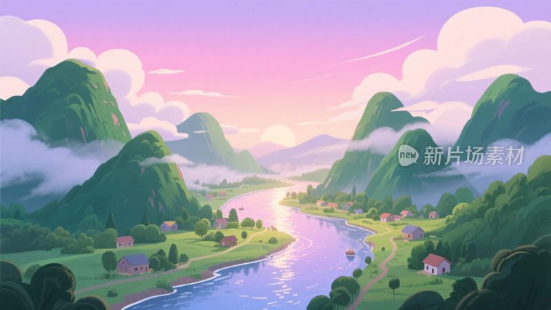 梦幻山水田园插画风景