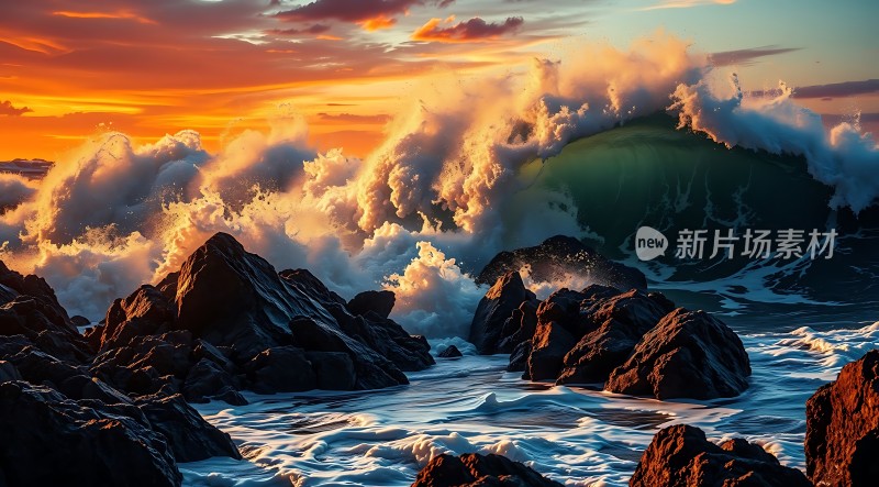 日落时分的海浪与岩石