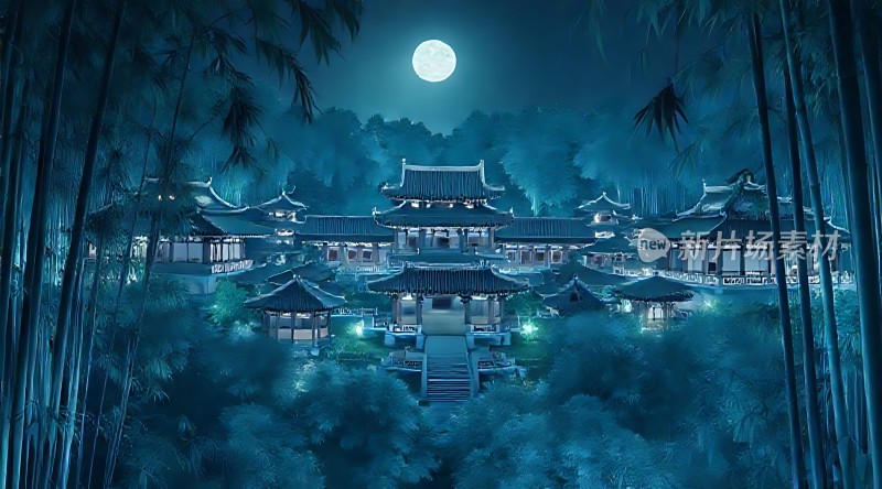 竹林古寺夜月图