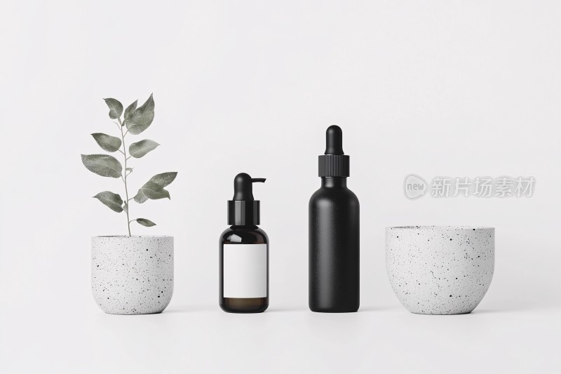 简约黑白护肤品与绿植摆件