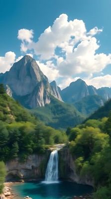 碧波荡漾瀑布飞流直下绿树成荫群山环绕蓝天白云 碧波荡漾瀑布飞流直下绿树成荫群山环绕蓝天白云