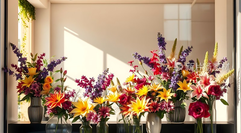 阳光下的多彩花艺展示