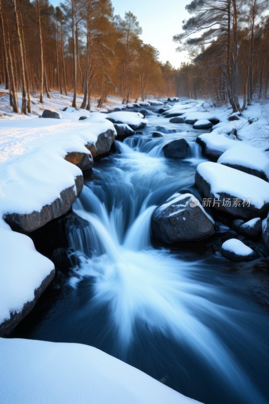 树林里有雪溪岩石和树木高清风景图片